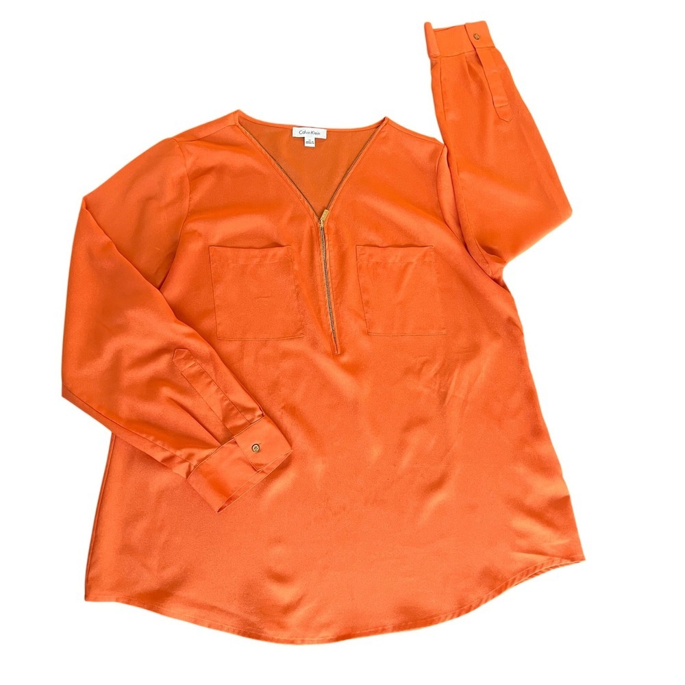 Calvin Klein Womens XL Orange Gold Half Zip Roll Tab Sleeve Blouse (1196)
